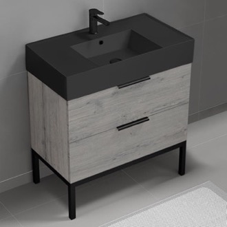 Bathroom Vanity Grey Oak Bathroom Vanity With Black Sink, Floor Standing, 32